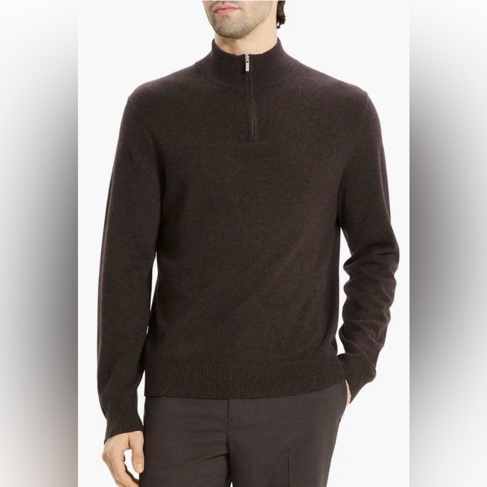 Theory Hilles Quarter Zip Cashmere Sweater in Brownwood Melange Size XL